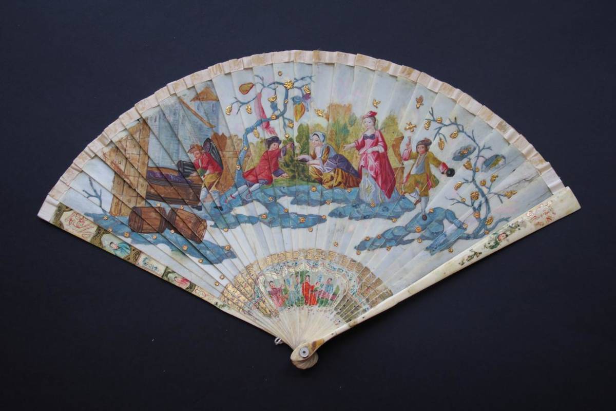 Lot 258 - The Vineyard: A Slender 18th Century Ivory Brisé Fan, with two painted guards (one with a...