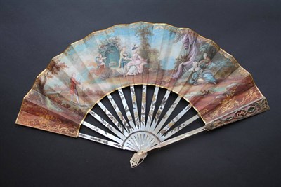 Lot 260 - The Rehearsal: A Mid-18th Century White Mother-of-Pearl Fan, lightly silvered and gilded, the...