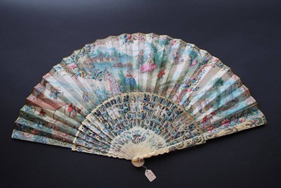 Lot 264 - A Mid 18th Century Ivory Fan, the carved and pierced guards and gorge painted and highly...