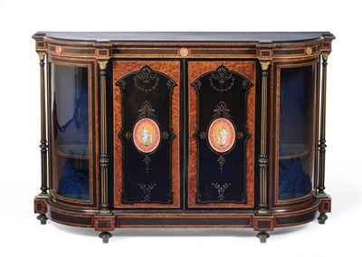 Lot 980 - A Victorian Amboyna, Ebonised and Gilt Metal Mounted Credenza, circa 1850, the moulded top...