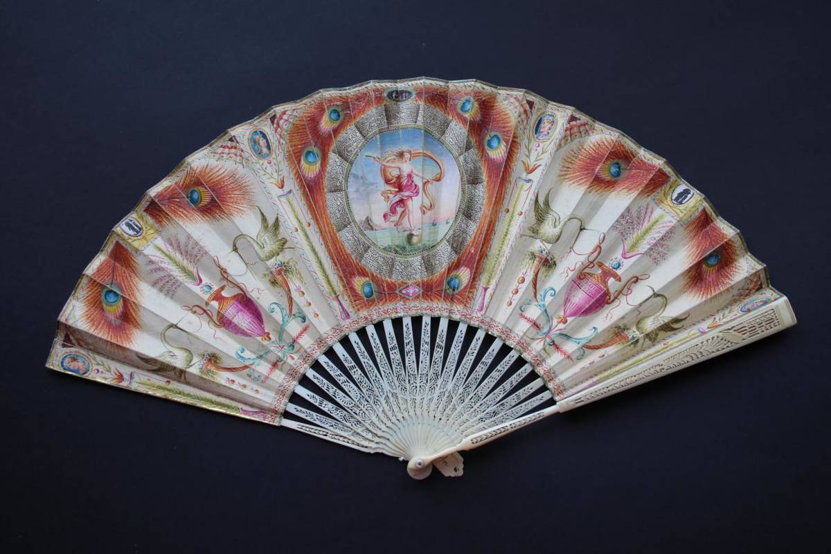 Lot 270 - Portraits and Peacocks: An Early 18th Century Ivory Fan, with a slender monture quite...