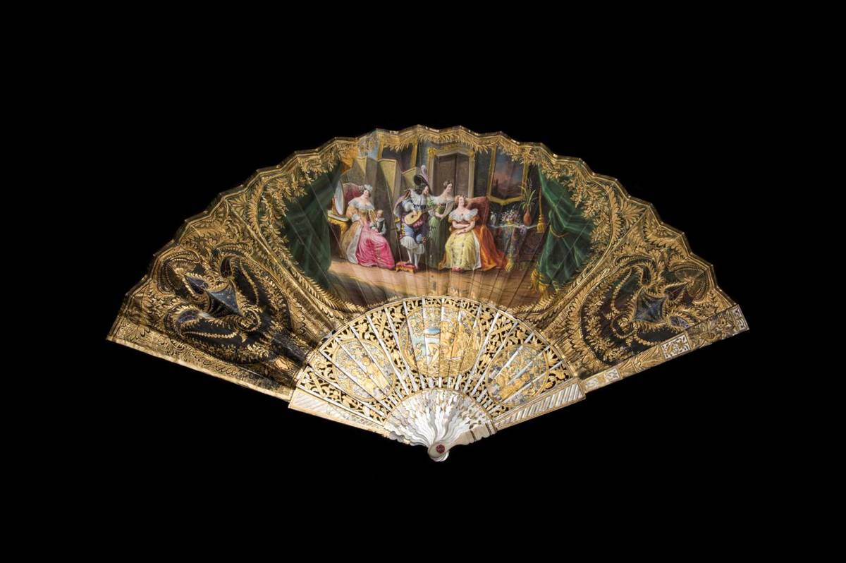 Lot 271 - The Spanish Soirée: An Unusual Early 19th Century Mother-of-Pearl Fan, with heavily gilded pierced