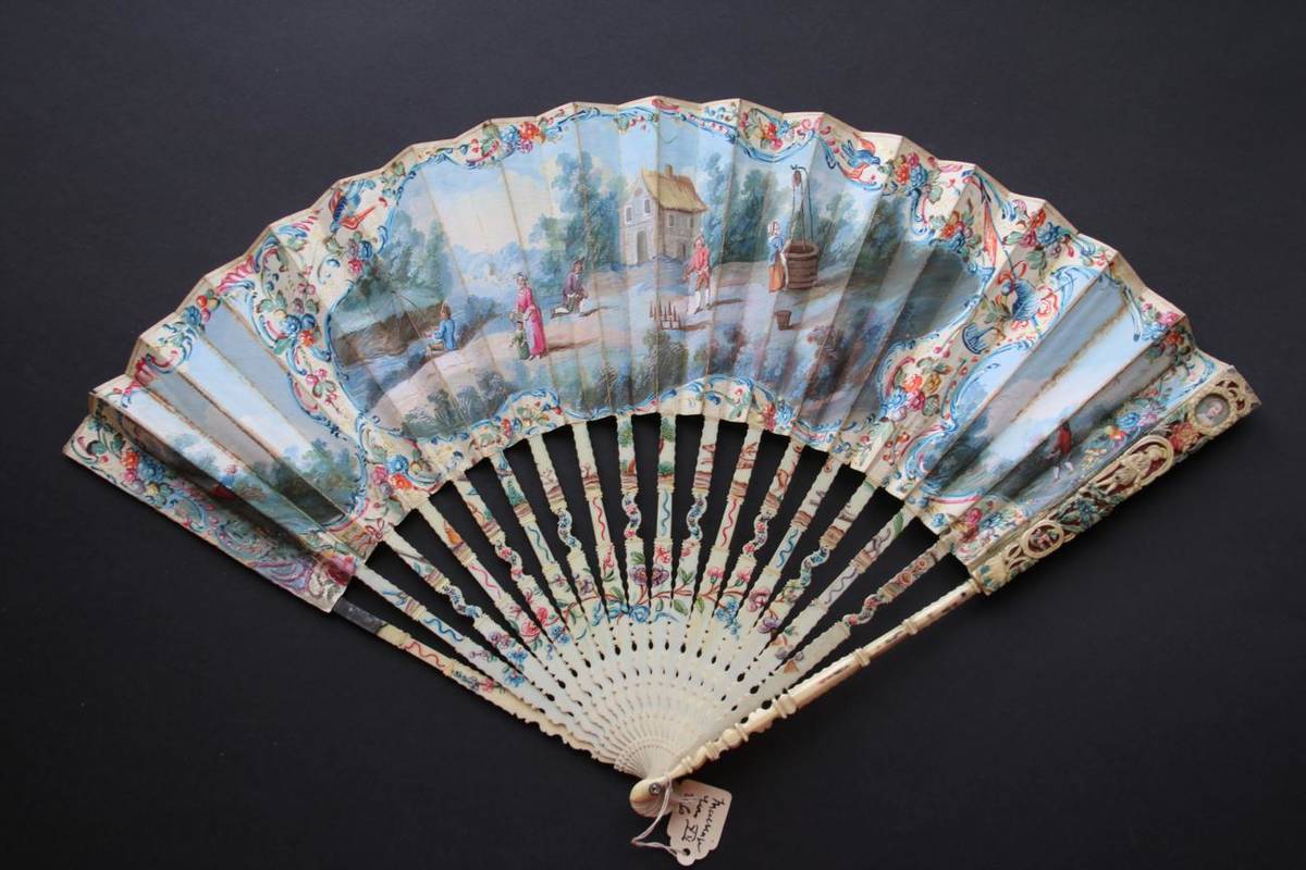 Lot 273 - First Steps: An 18th Century Fan, circa 1740's-1750's, the ivory monture carved and painted in...