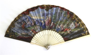 Lot 287 - Moses in the Bulrushes: A Circa 1700-1720 Ivory Fan, plain monture with  mother of pearl thumb...