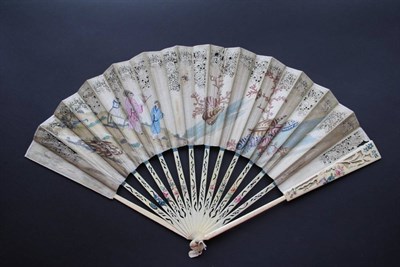 Lot 289 - A Circa 1760 to 1770's Bone Fan, with double paper leaf, mounted on pierced and carved sticks,...
