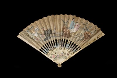 Lot 292 - An 18th Century Ivory Fan, the guards carved and pierced and parts of the design painted in...