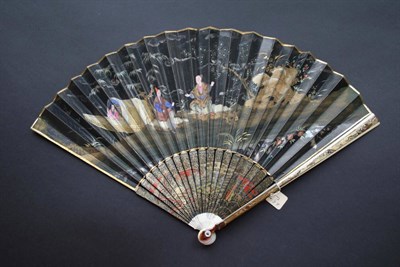 Lot 297 - Chinese Conversation: A Slender and Early 18th Century Ivory Fan, the gorge and guards painted...
