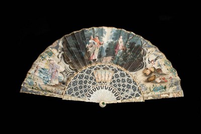 Lot 298 - A Vibrant Mid-18th Century Fan, the vellum leaf mounted à l'anglaise having a central vignette...