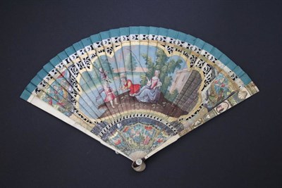 Lot 302 - A Riverside Fishing Expedition: An Early 18th Century Painted Bone Brisé Fan, the large...