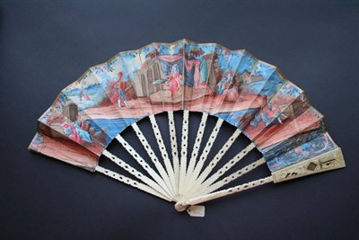 Lot 307 - Dido and Aeneas: A Mid to Late 18th Century Fan, the double paper leaf painted in strong blues...