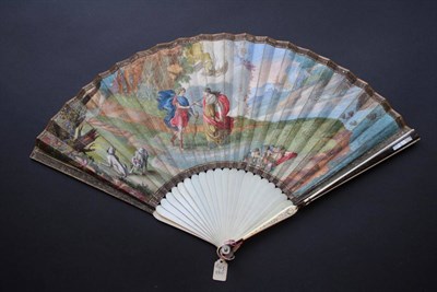 Lot 309 - Venus and Adonis: An 18th Century Ivory Fan, with tortoiseshell overlay to the guards and plain...