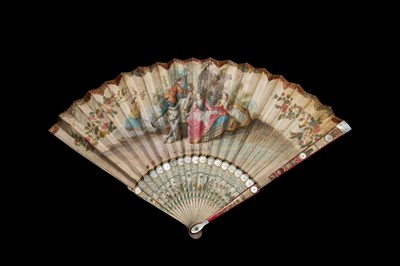 Lot 320 - A Rare Circa 1740 French Fan, with ivory monture and double paper leaf, depicting a romantic...