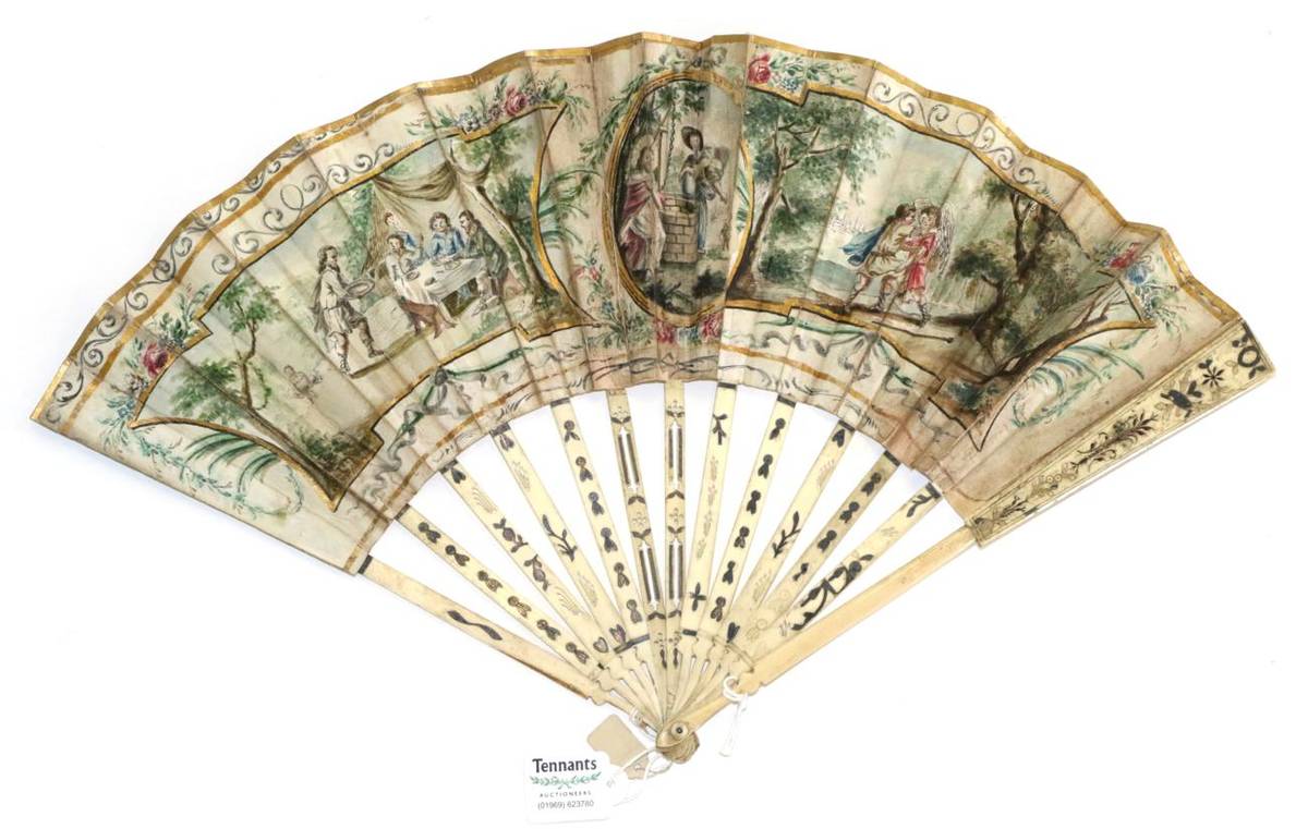 Lot 324 - The Birth Of Jesus: A Rare 18th Century Dutch Bone Fan, the monture very simply gilded and pierced.