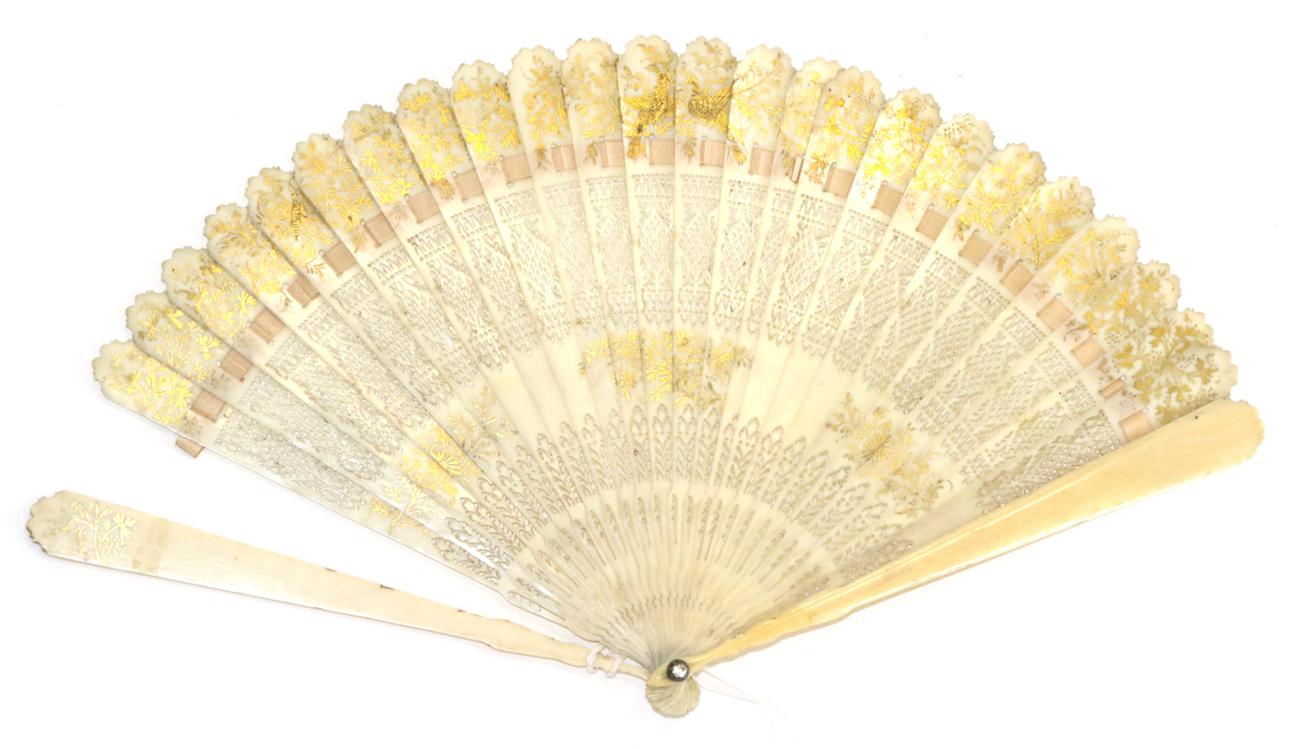 Lot 331 - A Slender Early 19th Century Ivory (?) Brisé Fan, the plain guards shaped, the tips of all...