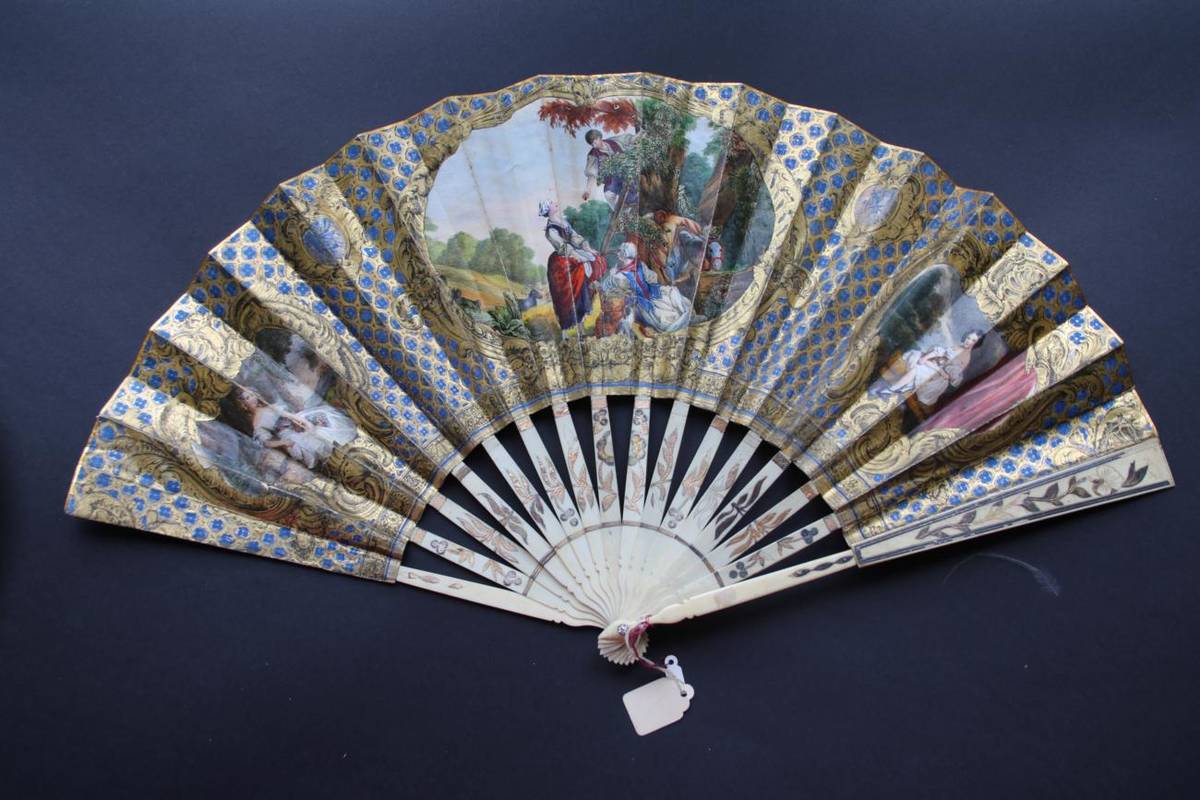 Lot 333 - The Fruit Harvest: A Circa 1860's Bone Fan, with a silvered and gilded monture, lightly pierced and