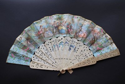 Lot 334 - A Mid-19th Century Bone Fan, with wide sticks and guards, all carved and pierced but unadorned. The