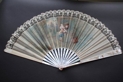 Lot 343 - A Large Circa 1890's Mother-of-Pearl Fan, with delicate painting on the upper guard, of birds...