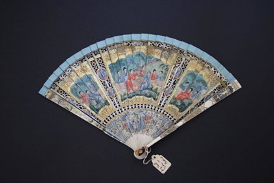 Lot 366 - A Fine Small Early 19th Century (or earlier) Ivory Brisé Fan, the guards painted and carved, a...