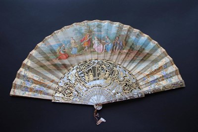 Lot 367 - Arcadian Love: A Large 19th Century Mother-of-Pearl Fan, with gilded and silvered, carved and...