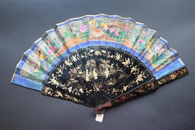 Lot 390 - A Mid-19th Century Chinese Fan, Qing Dynasty, the double paper leaf mounted on wood, lacquered...