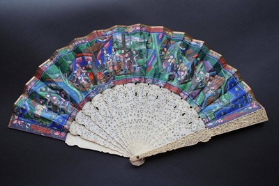 Lot 391 - A Chinese Ivory Mandarin Fan, Qing Dynasty, mid-19th century, the inner sticks being lightly...