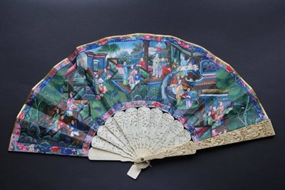 Lot 394 - A Mid-19th Century Carved Ivory Mandarin Fan, Qing Dynasty, the gorge carved with figures and...
