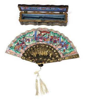Lot 397 - A Mid-19th Century Chinese Mandarin Fan, Qing Dynasty, the wooden sticks lacquered in black and...