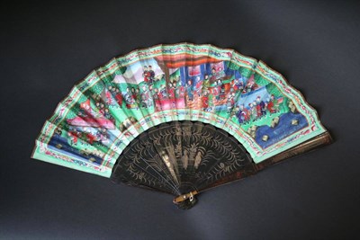 Lot 401 - A Mid-19th Century Chinese Mandarin Fan, Qing Dynasty, wooden sticks lacquered in black with...