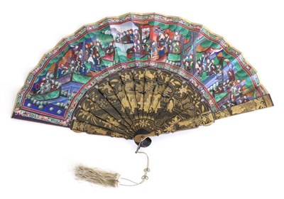 Lot 406 - A Mid-19th Century Chinese Mandarin Fan, Qing Dynasty, the wooden sticks lacquered in black and...