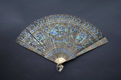 Lot 407 - A Chinese Filigree Gilded Metal Brisé Fan, Qing Dynasty, decorated recto/verso with blue and green