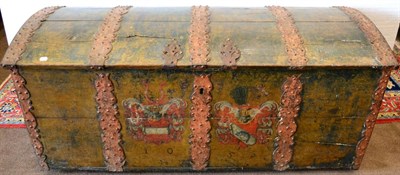 Lot 1021 - A Green Painted and Metal Studded Dome Top Chest, dated 1653, the hinged lid above a painted...