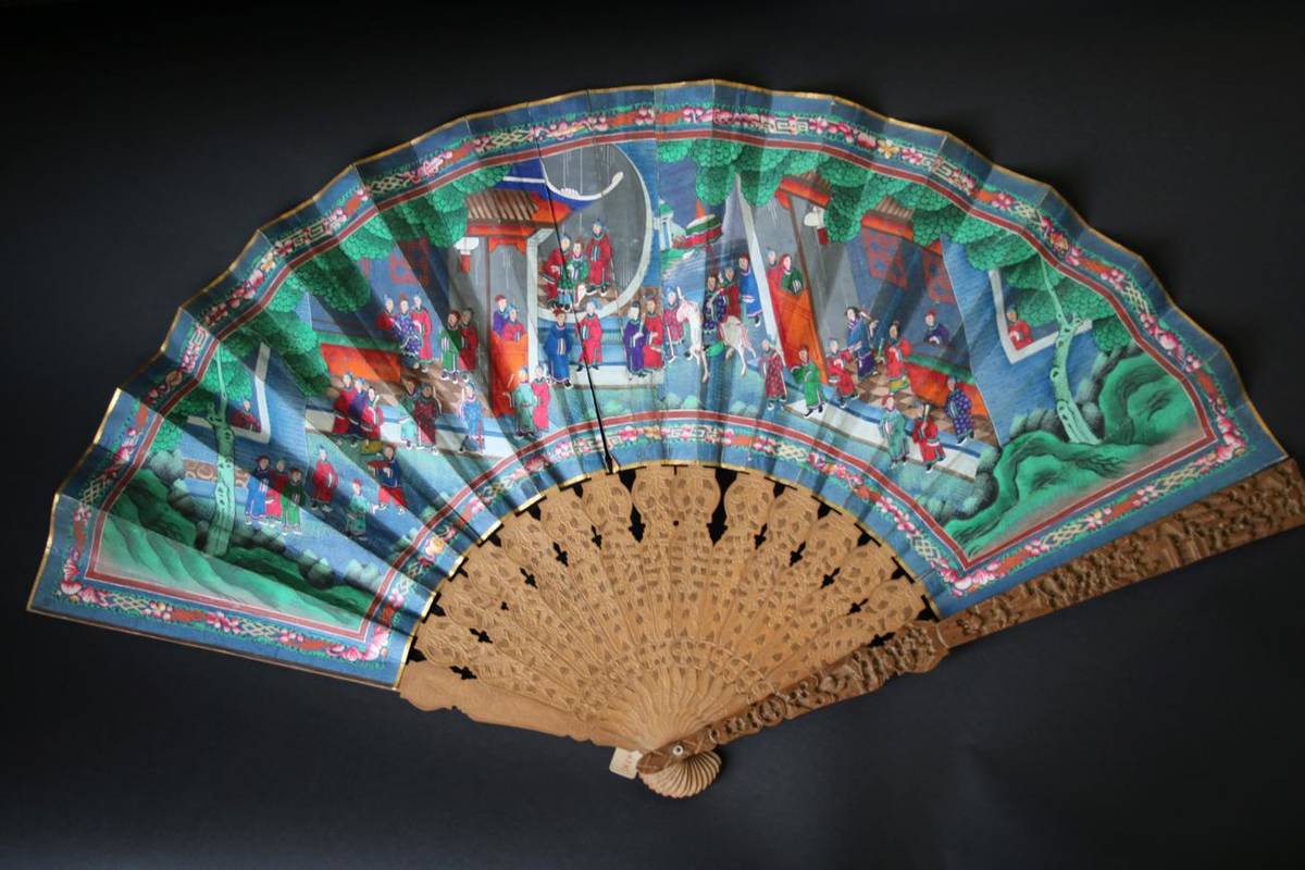 Lot 410 - A Circa 1840-1850 Large Chinese Carved Sandalwood Mandarin Fan, Qing Dynasty, the double paper leaf