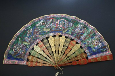 Lot 411 - A Mid-19th Century Chinese Mandarin Fan, Qing Dynasty, with broad shouldered wooden sticks,...