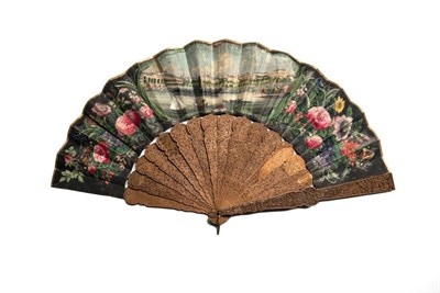 Lot 412 - A Harbour Scene, probably the Hongs of Canton: Mid-19th Century Chinese Carved Sandalwood Fan, Qing