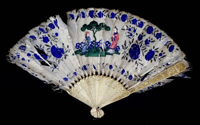 Lot 456 - A Good Early Chinese Ivory Fan, Qing Dynasty, mounted with white feathers colourfully painted...