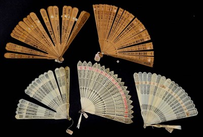 Lot 458 - Five 19th Century Brisé Fans, to include two in ivory, two in wood, one in bone painted with...