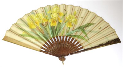 Lot 462 - A Circa 1890's White Gauze Fan, on plain painted wooden sticks, the leaf painted with mauve and...