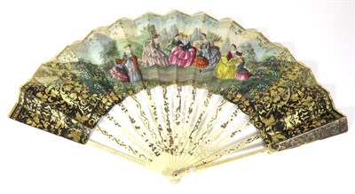 Lot 463 - A Mid to Late 19th Century Ivory Fan, the monture very plain, the double silk leaf painted with...