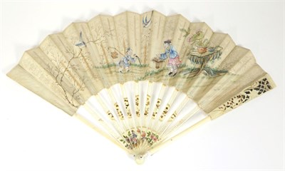 Lot 471 - Birds and Butterflies: A Mid-18th Century Ivory Fan, with slender sticks, the upper section of...