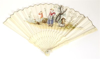 Lot 472 - An Early 18th Century Ivory Fan, the sticks plain with shaped shoulders, and mother of pearl...