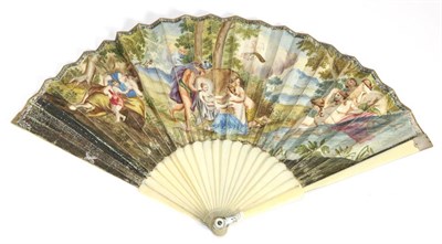 Lot 481 - Mercury delivers Bacchus: A Circa 1720's Ivory Fan, with slender plain sticks, the guards...