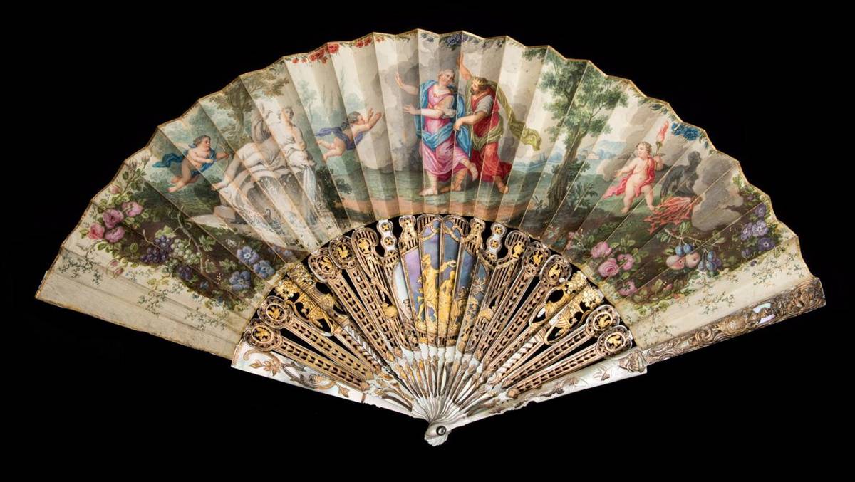 Lot 3 - The Rape of Hera: A Mid-18th Century Fan, with mother-of-pearl monture, the sticks finely...