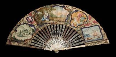 Lot 5 - A Fine Mid-18th Century Fan, the ivory sticks carved, pierced and painted, the vellum leaf, mounted