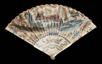 Lot 12 - The Preacher: An Early 18th Century Ivory Fan, printed and hand coloured, the double paper leaf...