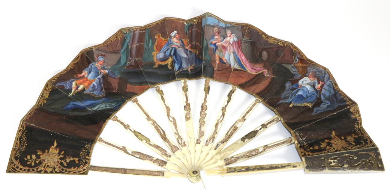Lot 13 - Esther before Ahasuerus: An 18th Century Ivory Fan, with gilded and silvered sticks, in the...