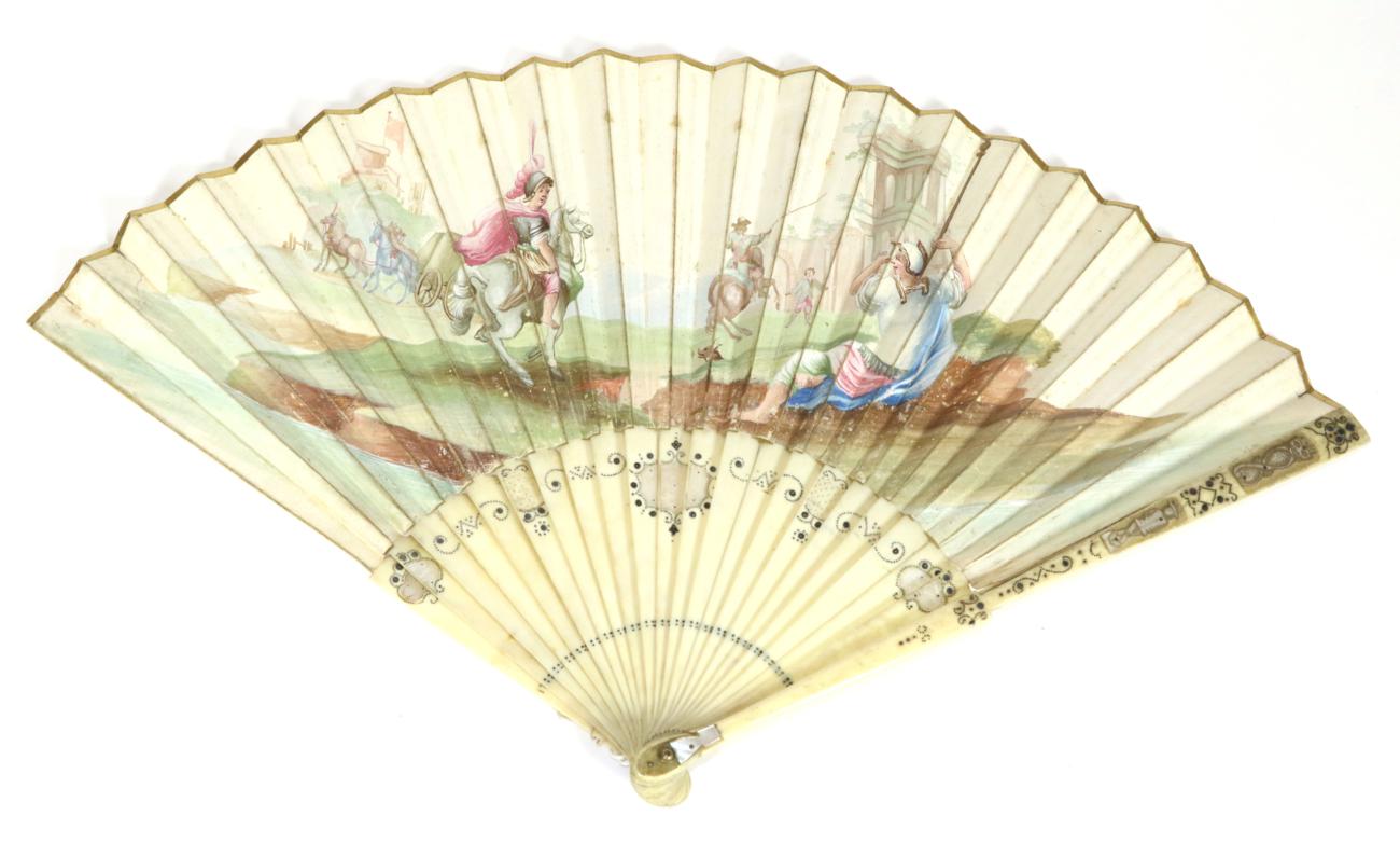 Lot 15 - An 18th Century Ivory Fan, the guards and gorge inlaid with engraved mother-of-pearl panels,...