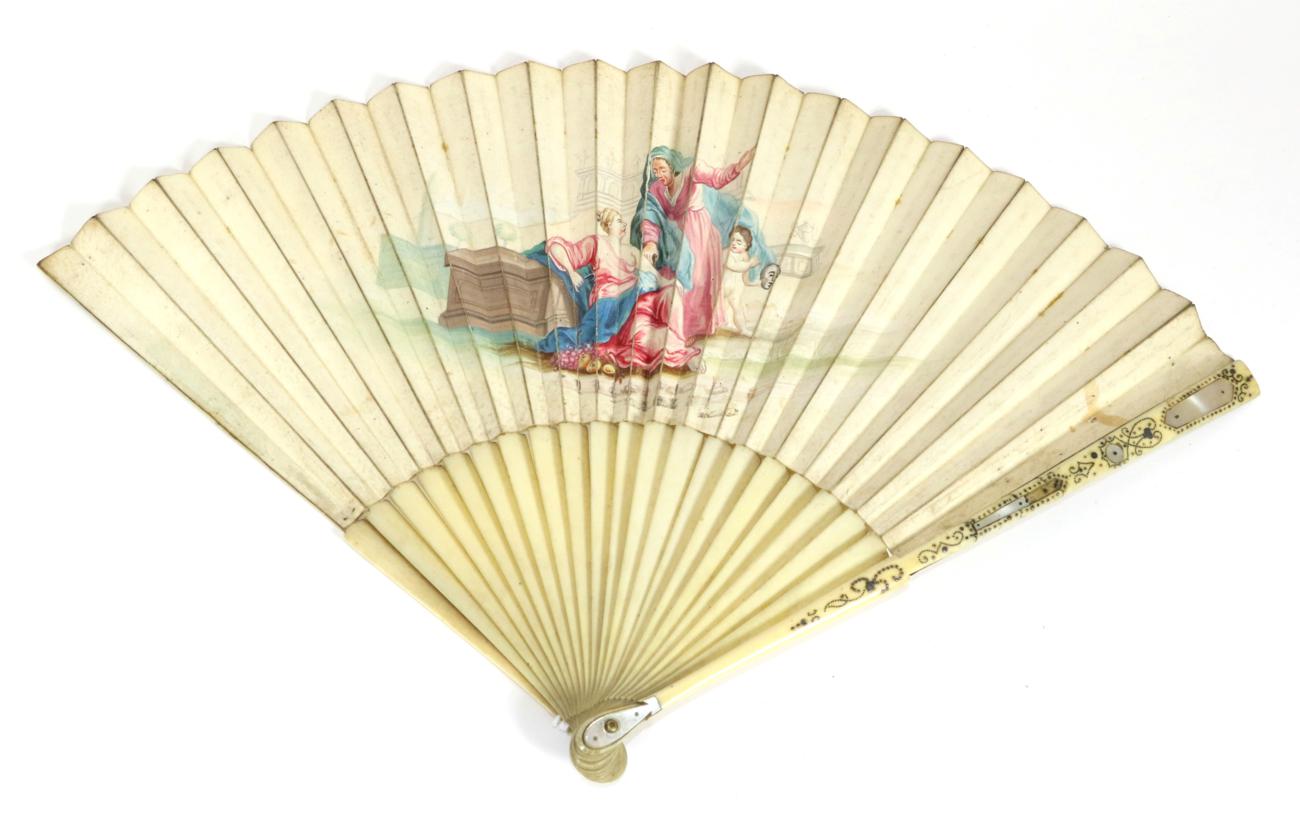 Lot 18 - Vertumnus and Permona: An Early 18th Century Ivory Fan, with plain gorge, the guards piqué and...