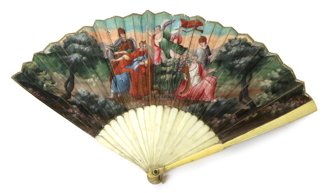 Lot 19 - An Early 18th Century Ivory Fan, with completely plain monture. The double paper leaf a very...