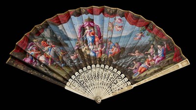Lot 21 - Saint Ursula and her Virgins: An Early 18th Century Fan, with pierced ivory sticks, the guards...