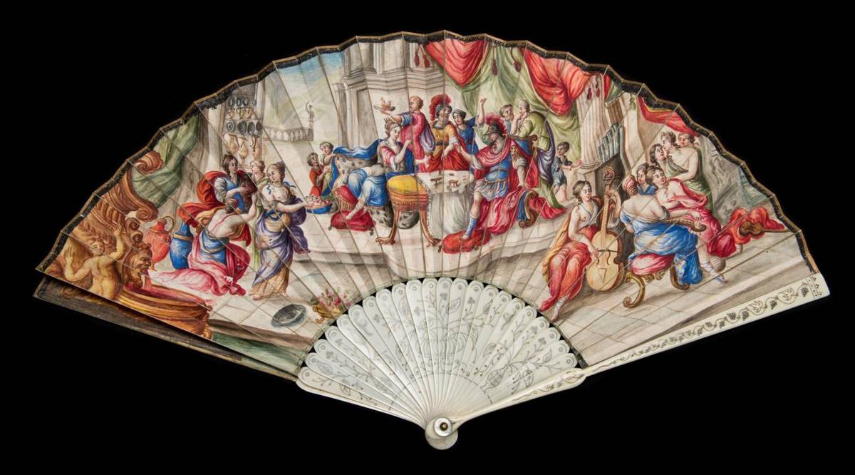 Lot 22 - Cleopatra and the Pearl: A Very Early 18th Century Ivory Fan, the sticks piqué with steel, the...